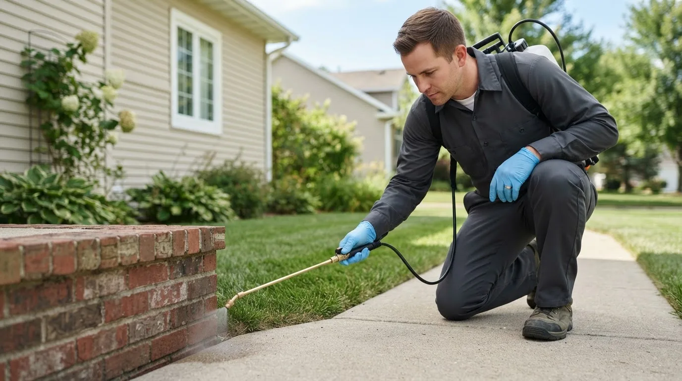 Pest control technician treating a home near Tracy, MN